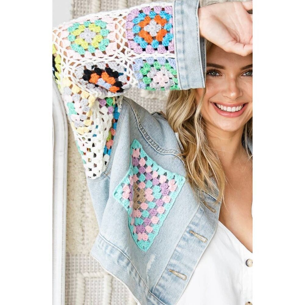 Veveret Crochet Granny Square Cropped Jean Jacket Blue Multi Size S